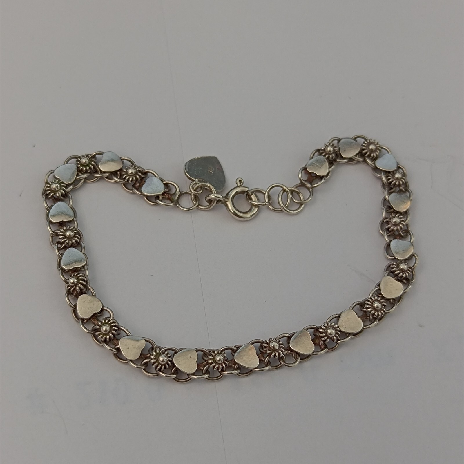 Vintage Silver Bracelet Ethnic Hearts Flowers Dainty Granulated Link Sterling