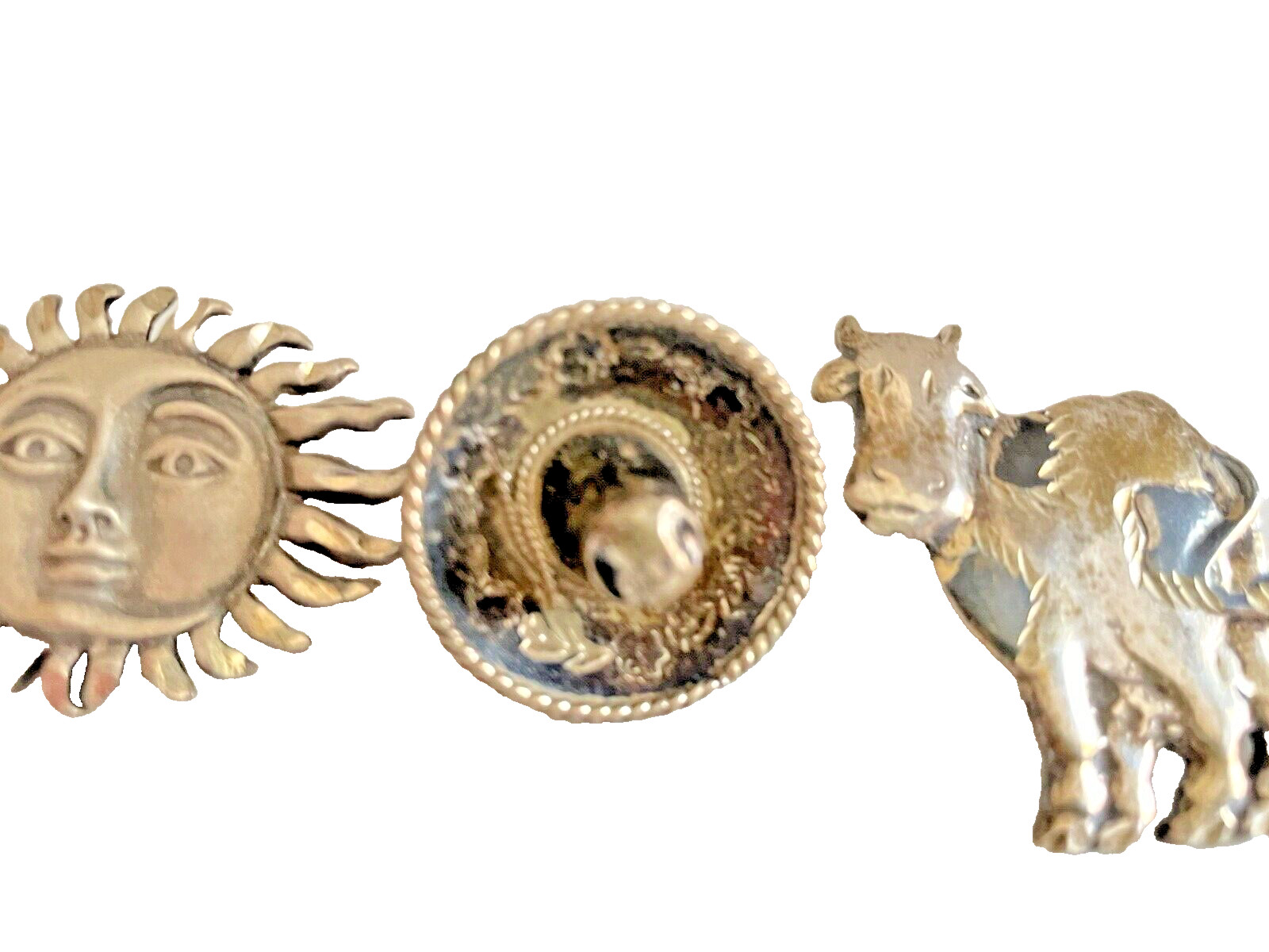 Brooch 3 Pins Pendant Sterling Silver Jewelry Cow Sombrero Sun Motif 925 Vintage