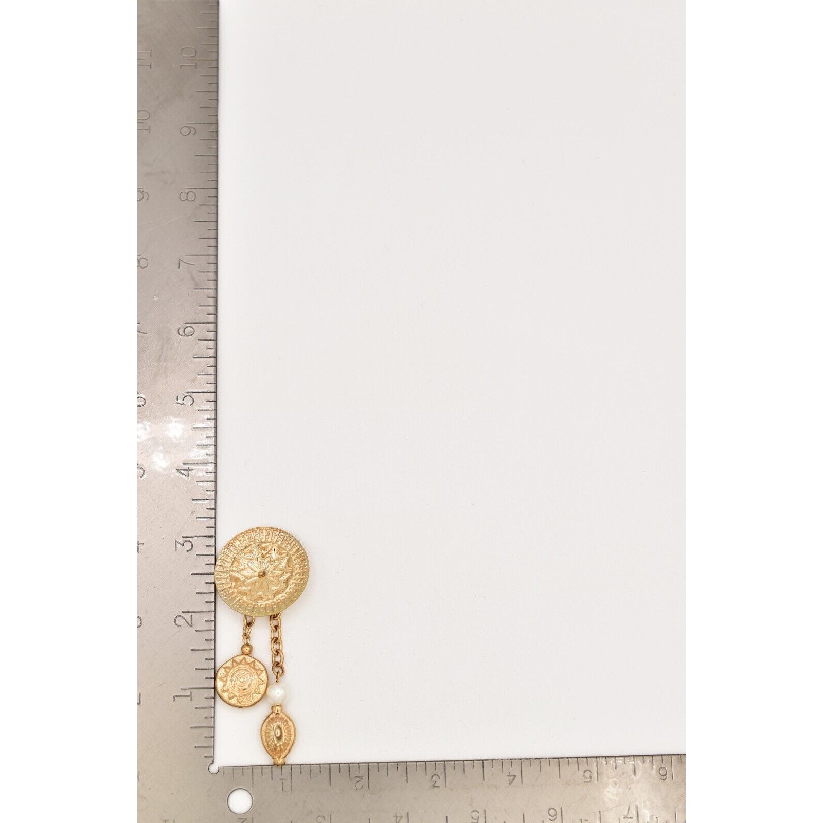 Vintage Coin Dangle Chain Earrings 3″ Pearl Etruscan Gold Chunky NOS 80s BinA18