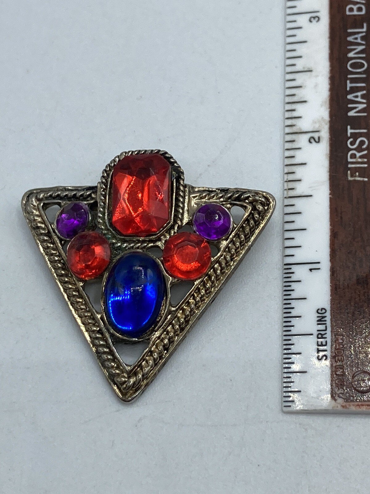 Vintage Colorful Cabochon Triangle Shaped Brooch Antiqued Gold Tone Finish Nice!