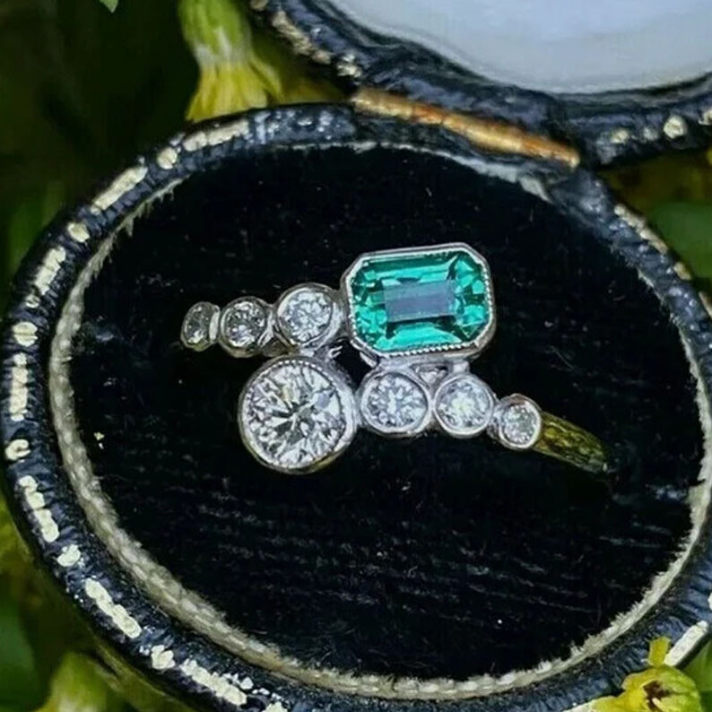 1 CTW Green Emerald & White Round CZ Two Stone Art Deco Antique Ring 925 Silver