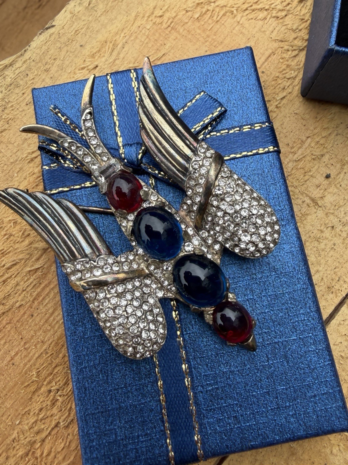 Crown Trifari Signed Huge Bird Brooch Pin Red Blue Glass Stone Rare