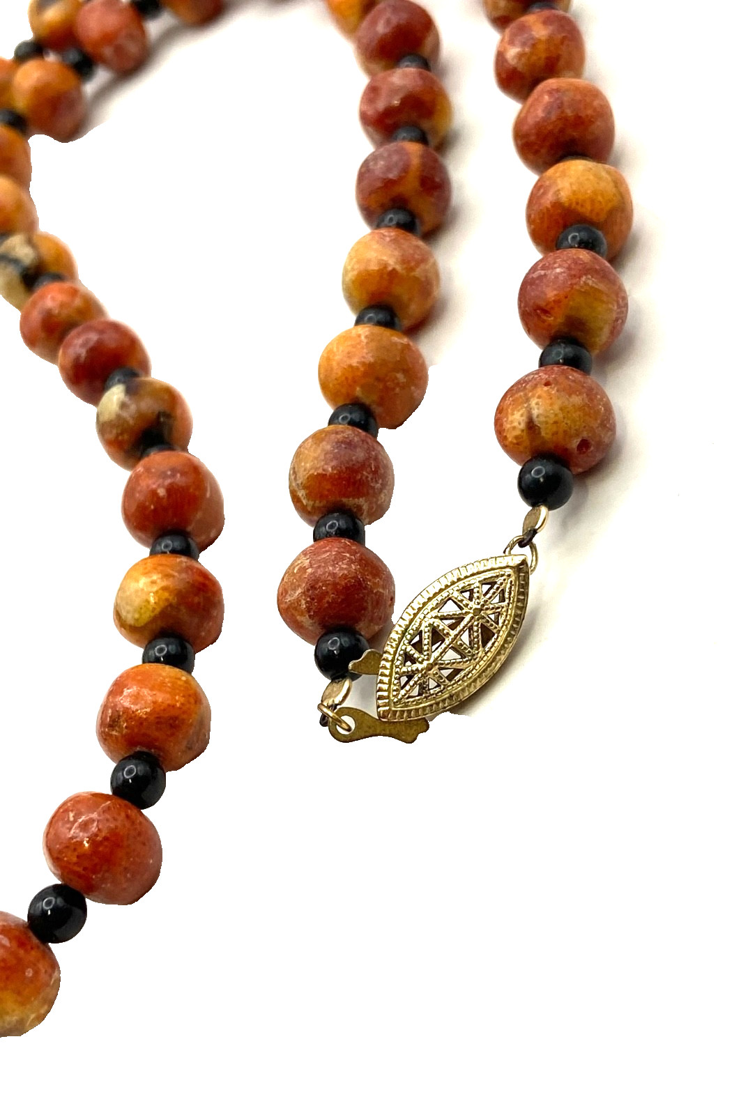 Vintage Apple Sponge Coral Red/Orange Beaded Necklace Black Agate? Gold Tone 24″