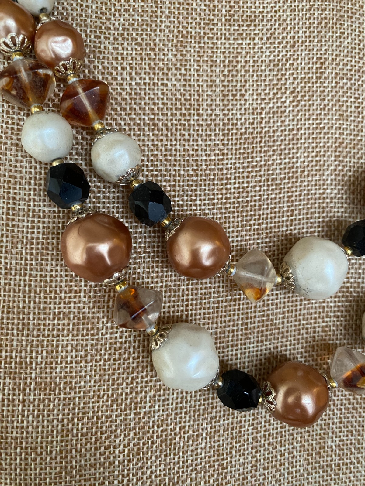 Vintage Japan 2 Strand Necklace Glass & Pearls Black White Brown