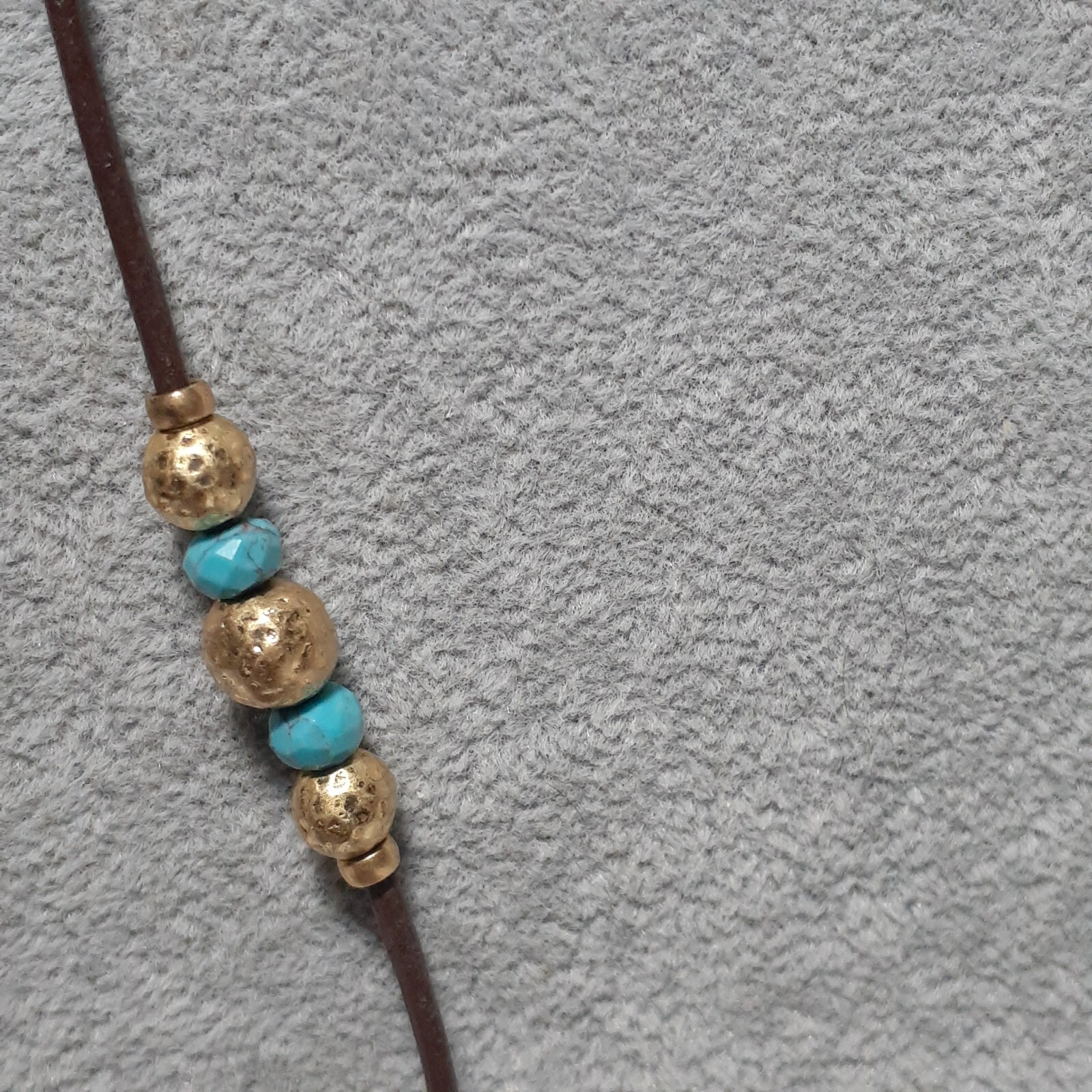 Artisan Leather Cord Necklace Hammered Metal Beads Blue Mixed Materials 32″