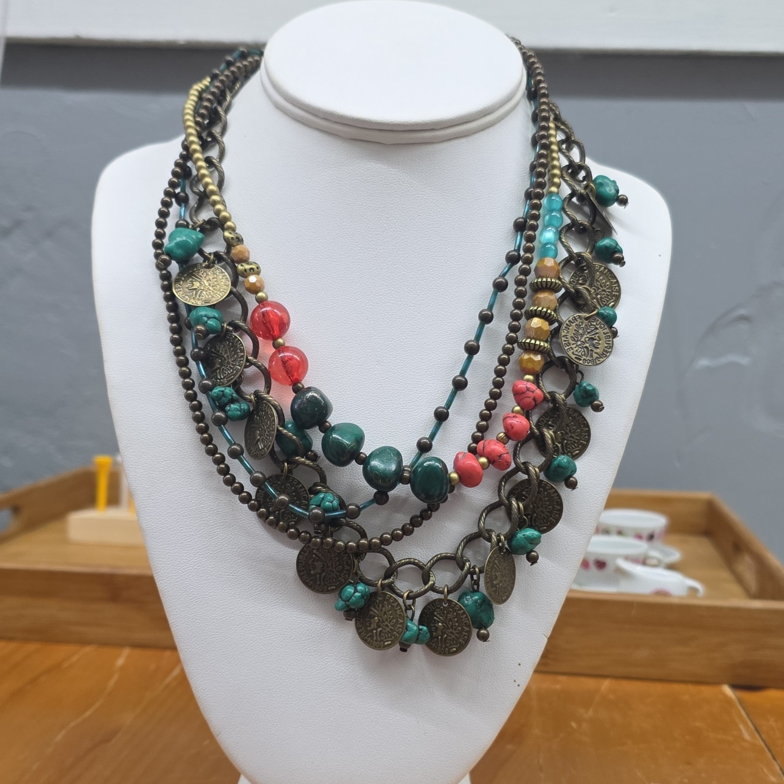 Vintage Multi-Strand Bohemian Statement Necklace Francaise Coin Charms Beads EUC