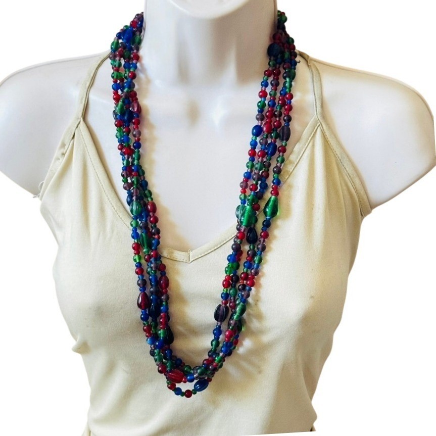 VTG BOHO Necklace Blue purple poured Retro Glass beaded Multi Statement 28″