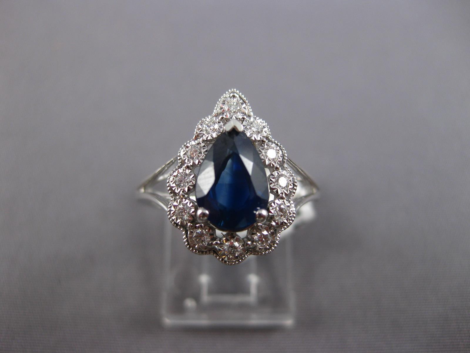 WIDE 1.52CT DIAMOND & AAA SAPPHIRE 14KT WHITE GOLD 3D PEAR SHAPE ENGAGEMENT RING