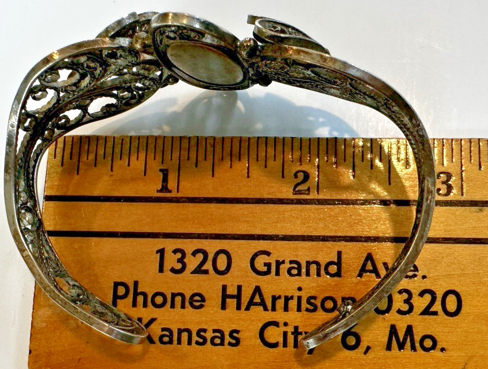 Vintage Painted Floral Motif Enamel Cuff Bracelet W/ Ornate Filigree