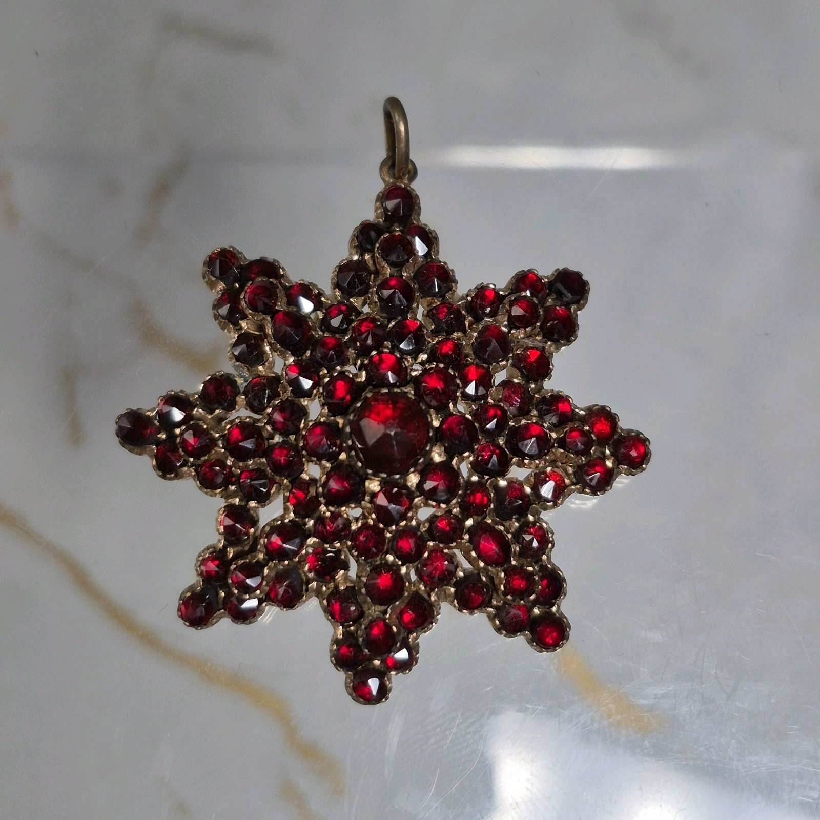 Antique Victorian Bohemian Rosecut Garnet Unmarked Gold Filled Starburst Pendant