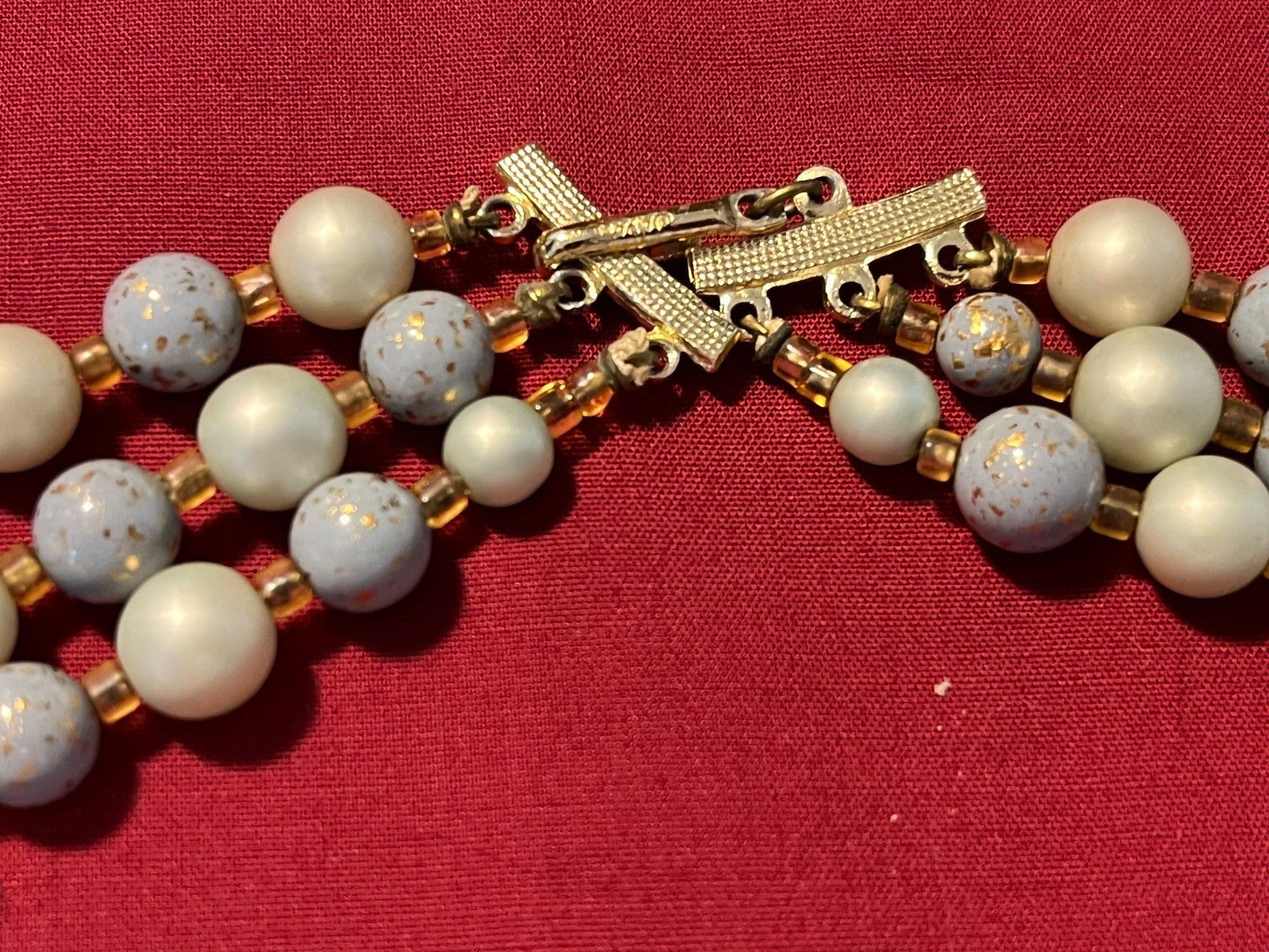 Vintage Japan 3-Strand Blue Shiny & Frosted Necklace With Clip On Earring Set