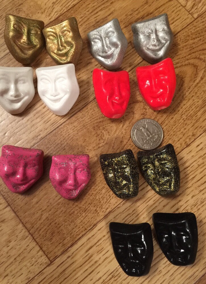 Art Pottery Ceramic Post Earrings 7 Theater Masks Comedy Drama Vintage 1950