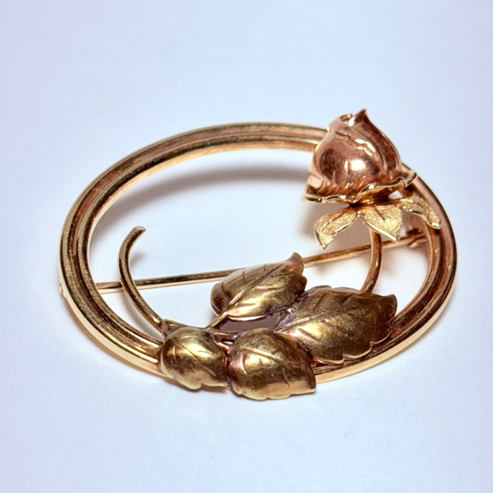 Vintage 14K Two-Tone Gold Rose Flower Leaf 39mm Open Oval Brooch Pin 5.5g