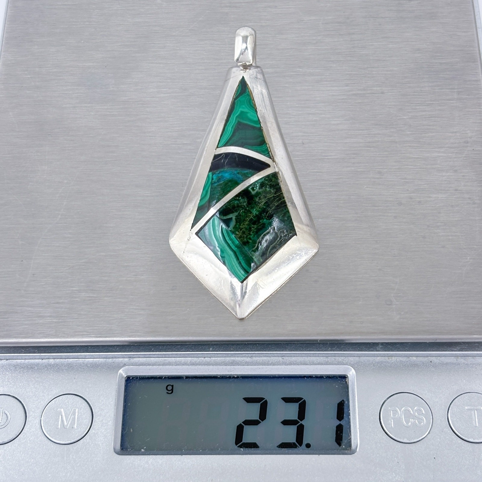 Vintage Buffalo Hallmark Sterling Silver Malachite Inlay Diamond Shape Pendant