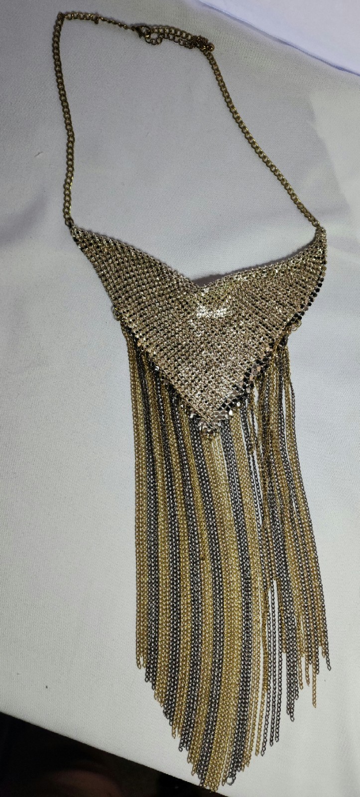 Vintage Gold tone Chainmail Fringe Leopard Statement Necklace 70s
