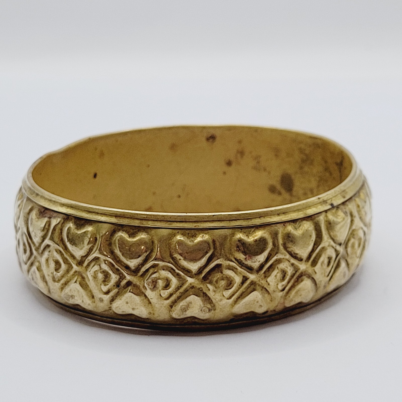 Wide Brass Chunky Bangle Embossed Heart Pattern Vintage Bracelet 8 Inch Approx