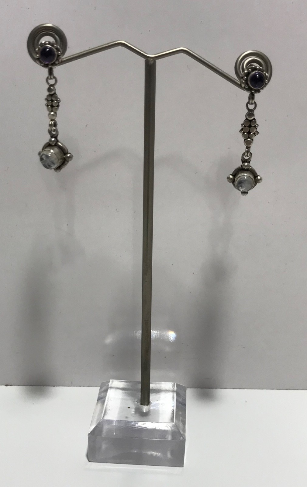 Vtg Sterling Silver 925 Amethyst & Labradorite Post Dangle Drop Earrings