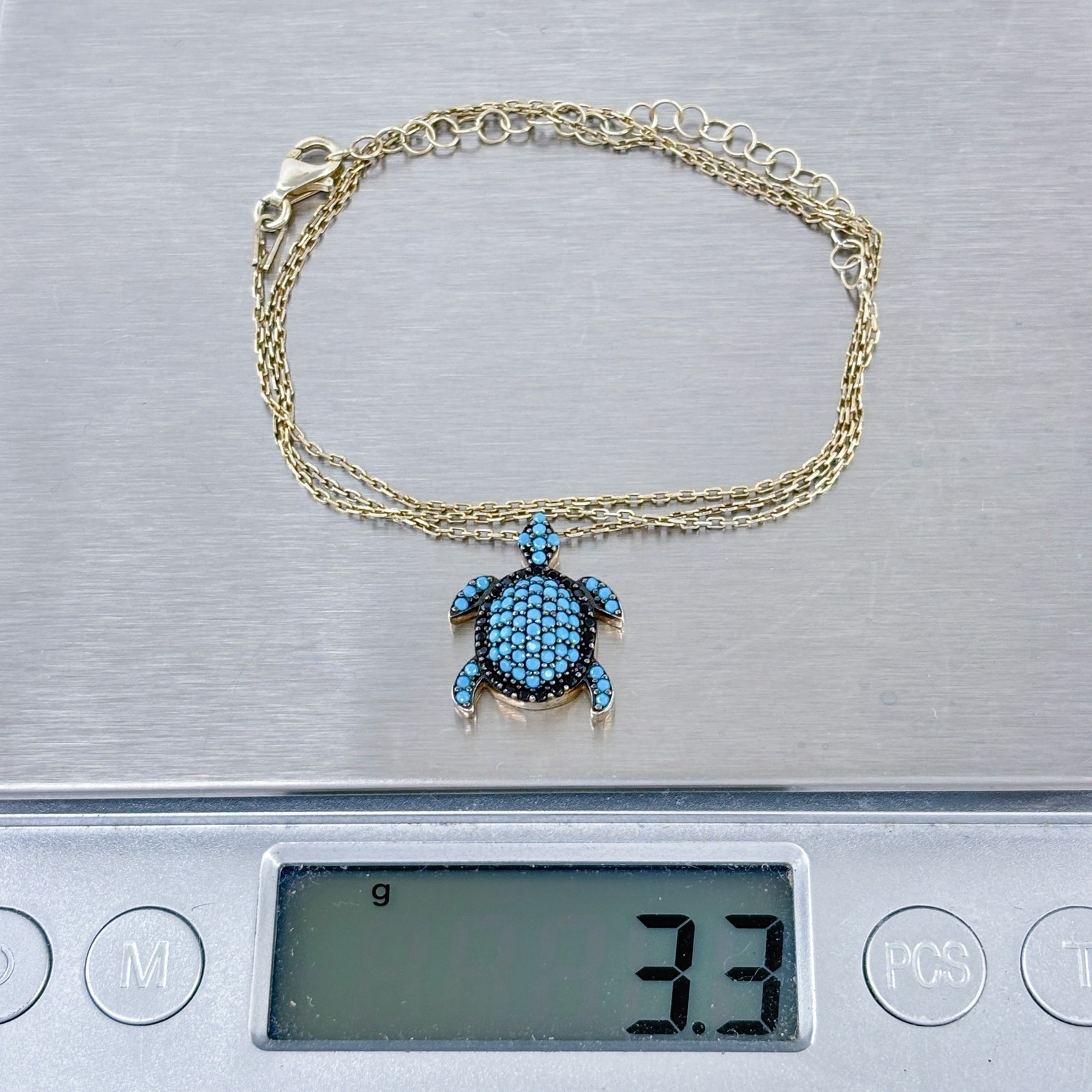 Vintage Gold-Tone Sterling Silver 925 Blue Black Crystal Turtle Necklace 16″-18″