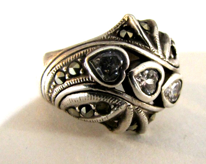 CW Sterling Silver CZ Hearts Marcasite Ring Missing Stones Wide Band 7.23g 7.5