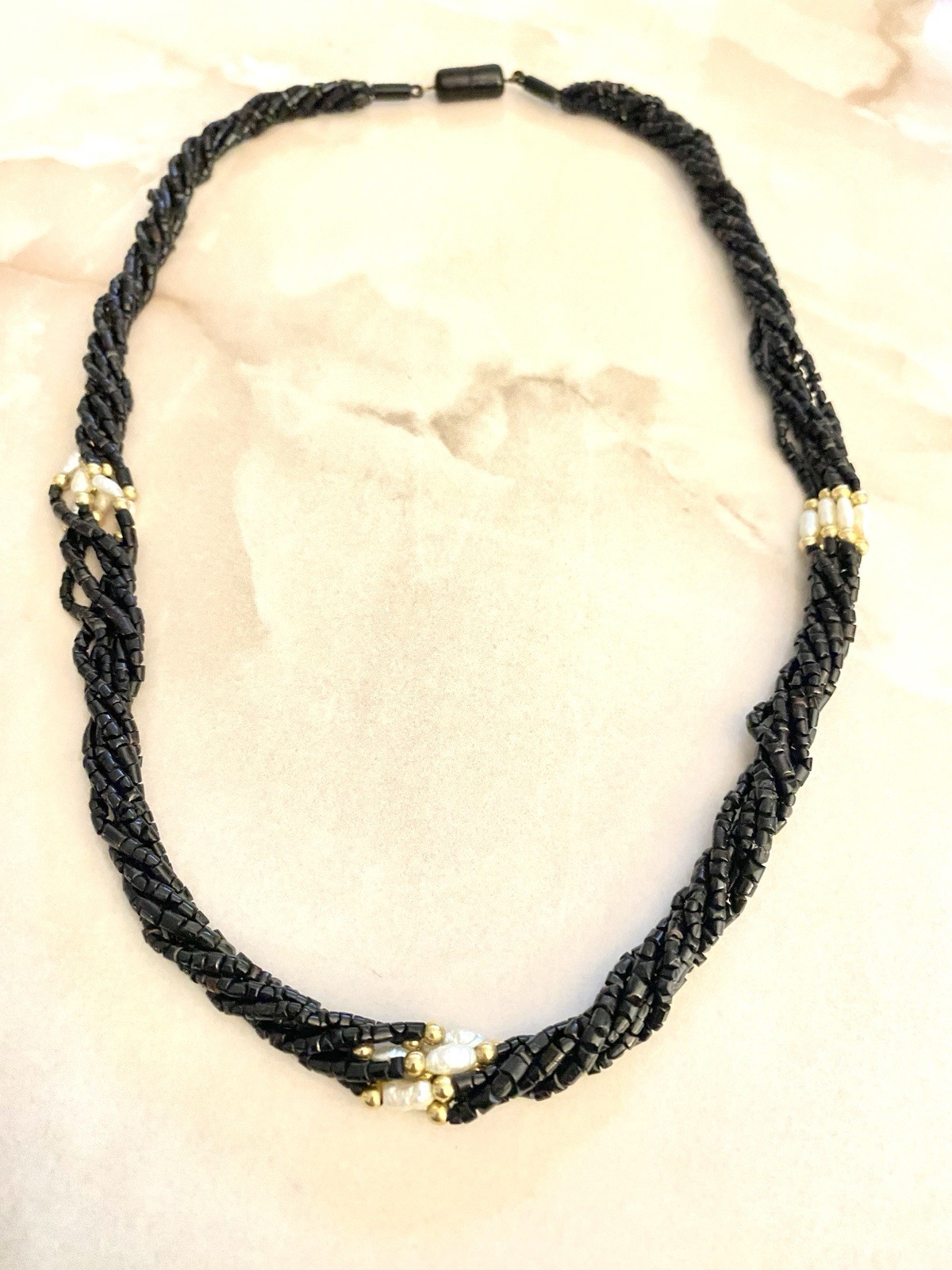 vintage genuine black coral Small elongated beads necklace Braided 6 Strands