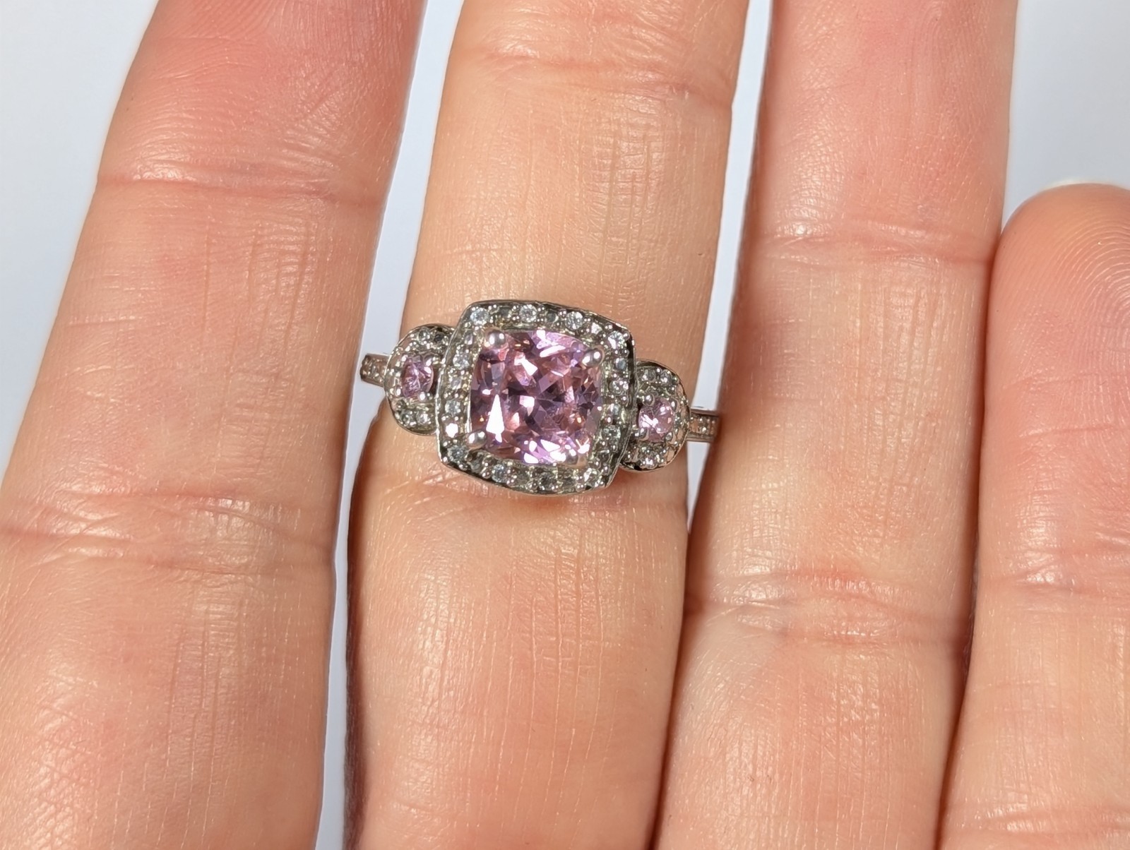 Vtg Sterling Silver 925 Pink CZ Cushion Cut Halo Ring w/ Side Stones H925 Size 7
