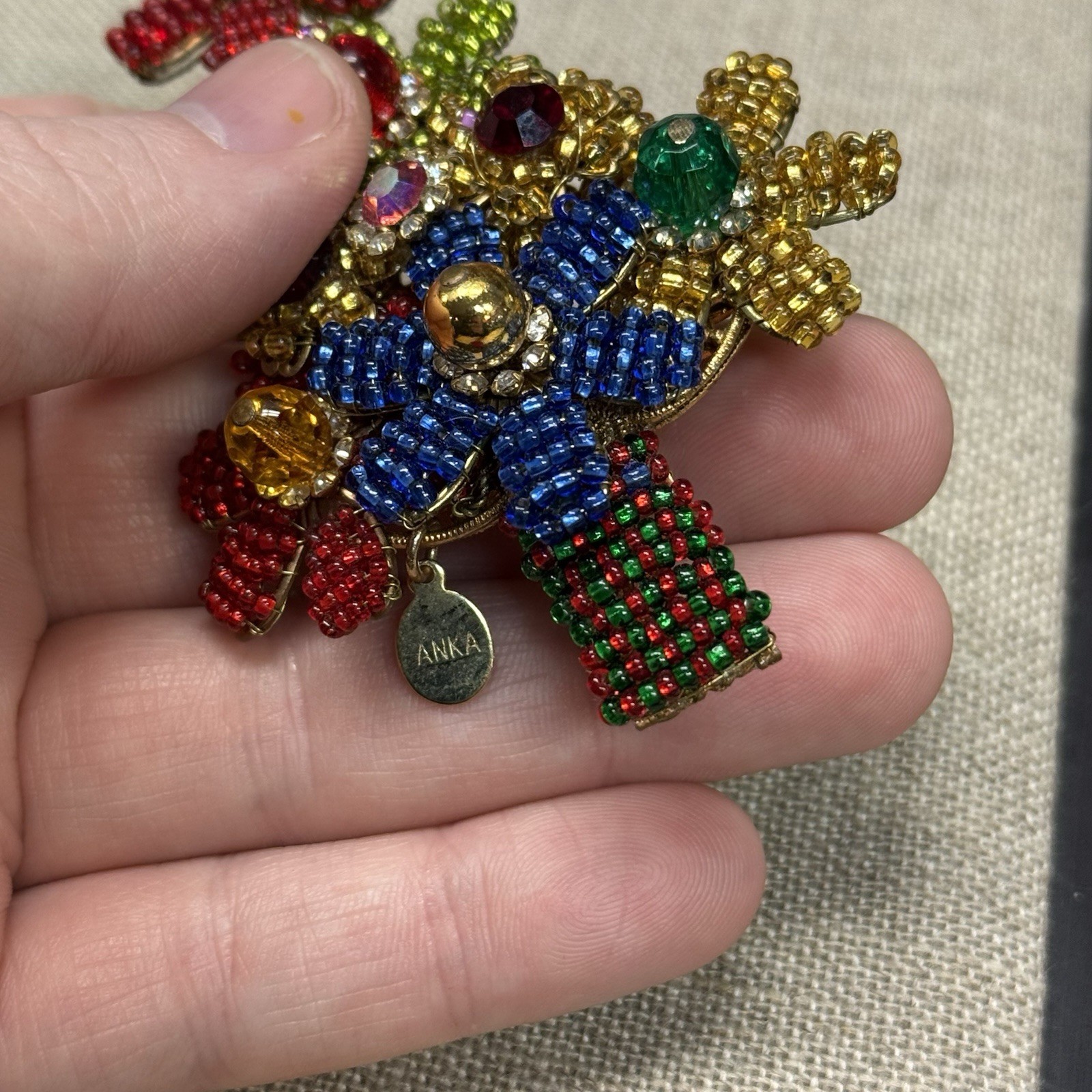 Vintage ANKA Gold Tone Beaded Christmas Tree Brooch 4”