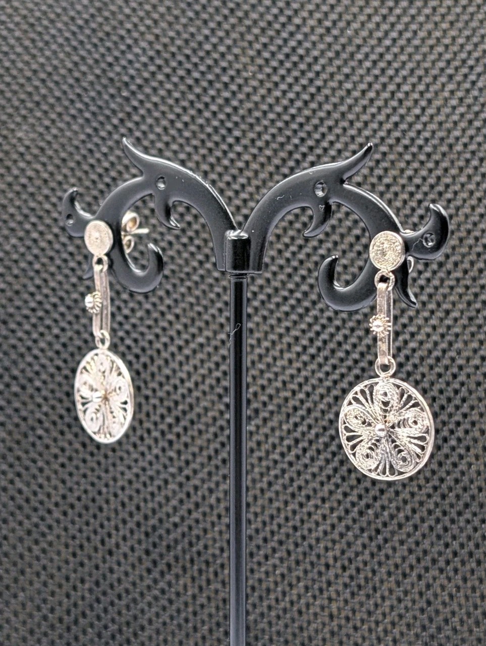 Vtg Sterling Silver Filigree Cannetille Flower Round Stud Dangle 925 Earrings 3g