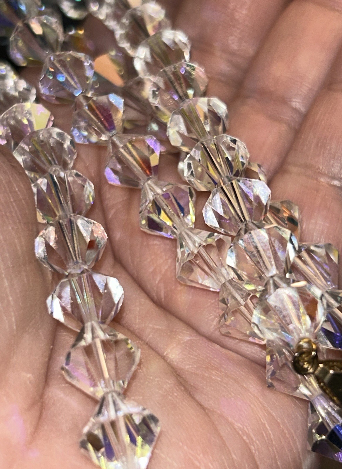 Vintage Aurora Borealis Crystal Bicone Necklace 24” Clear Faceted Glass Beads
