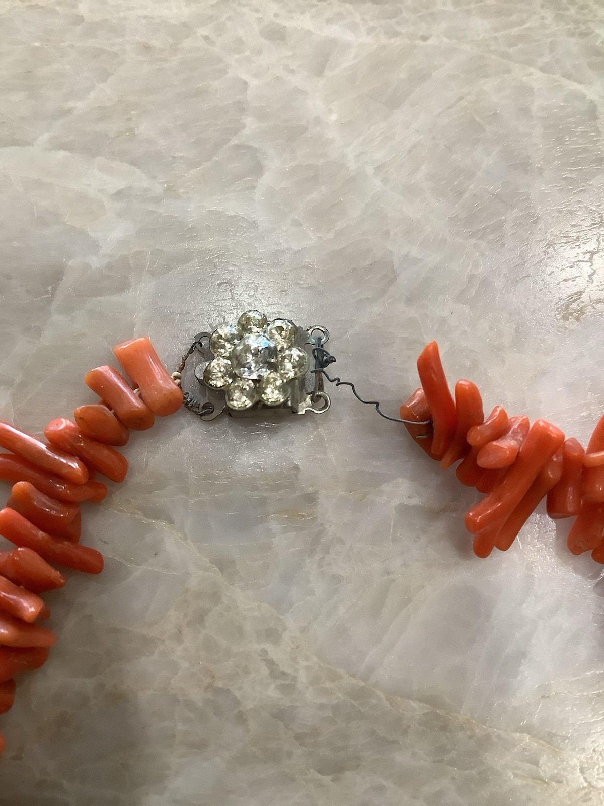 Vintage 18” Coral Branches Necklace Crystal Flower Clasp