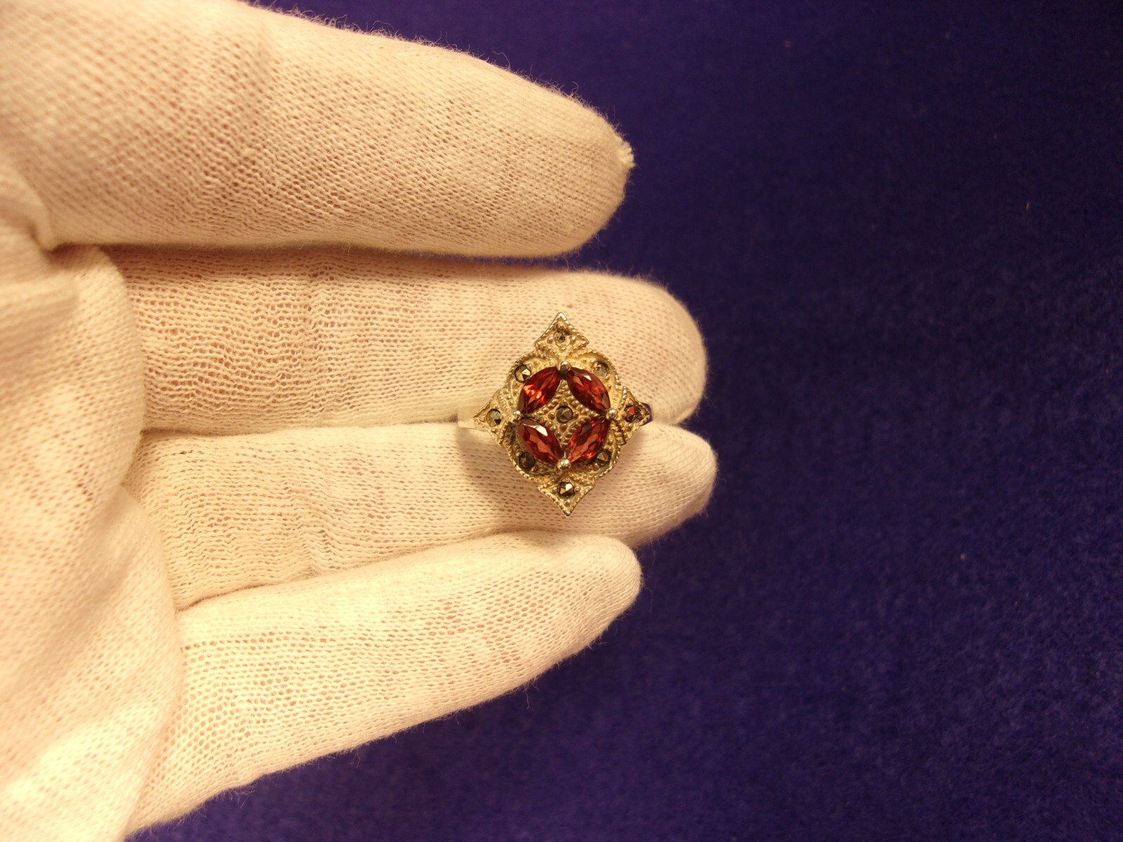#3 of 6, SUPERB OLDER VTG LADY’S STERLING SLVER, ORANGE GARNET & MARCASITE RING