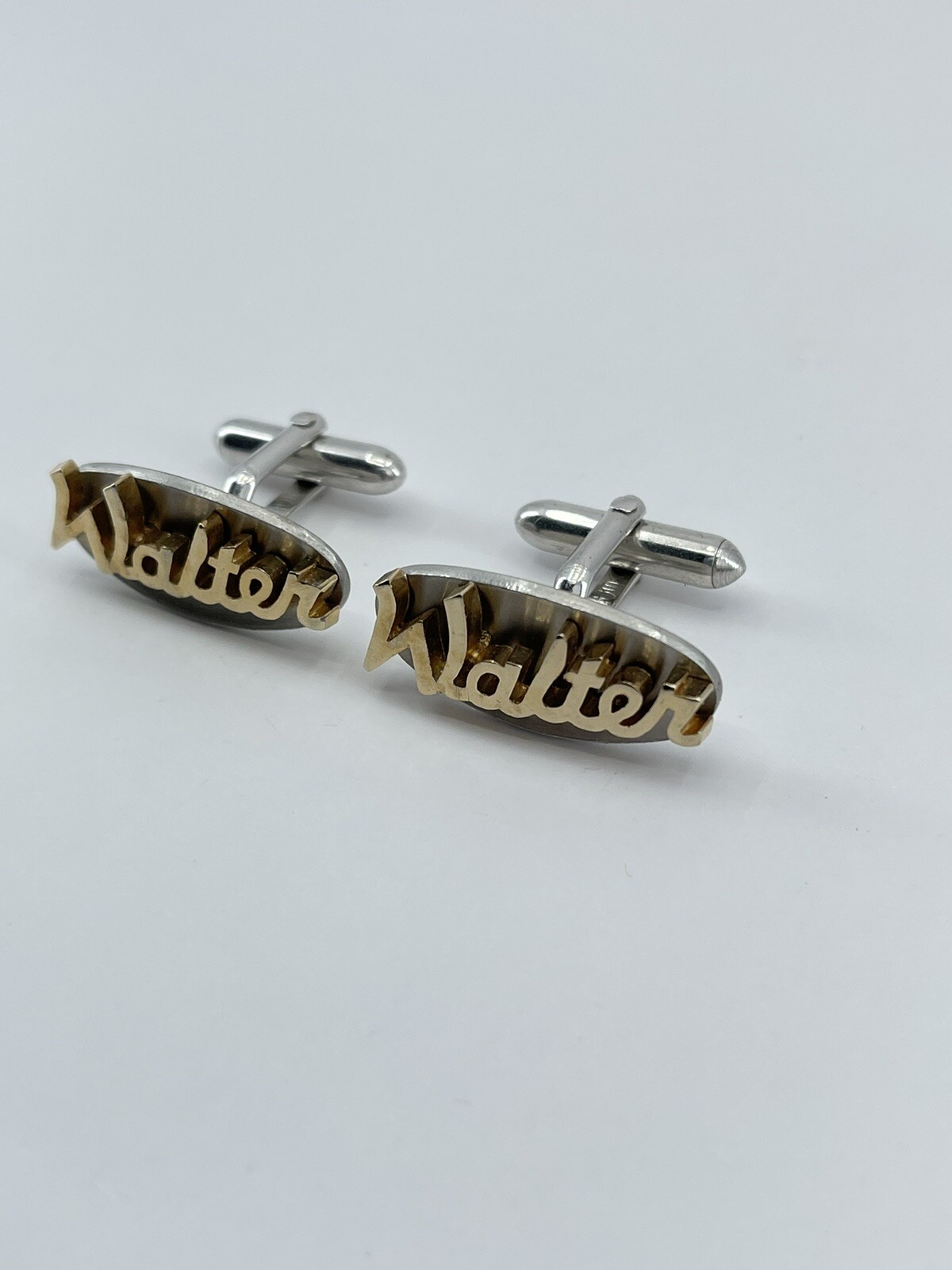 Vintage Swank mens cufflinks name Walter gold and silver tone concave 3/4″