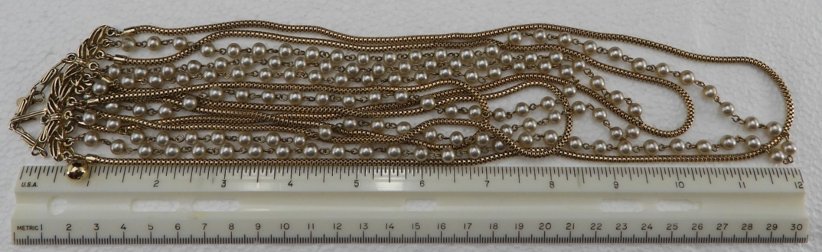 Vtg Signed MARVELLA Multi Strand Gold Tone Faux Pearl Necklace Boho Statement