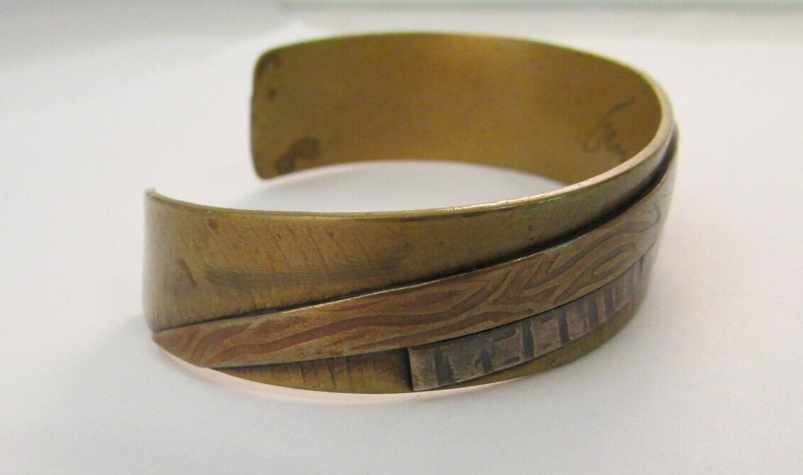 Vintage Signed Mixed Metals Hammered Textured Cuff Bracelet Copper Brass Silver