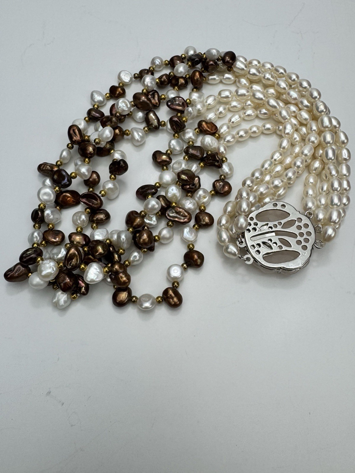 Stunning Freshwater Pearl Necklace White & Chocolate Baroque Rose Quartz Clasp