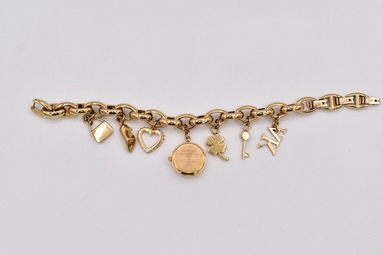 Anne Klein Gold Watch Charm Bracelet Heart Shoe Purse Clover AK Crystal BinAD