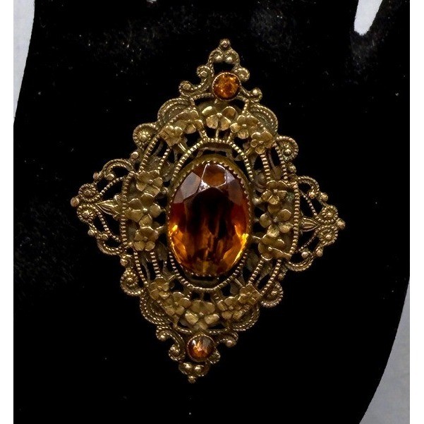 Vintage Brass Filigree Amber Glass Floral Brooch Victorian Revival Pin