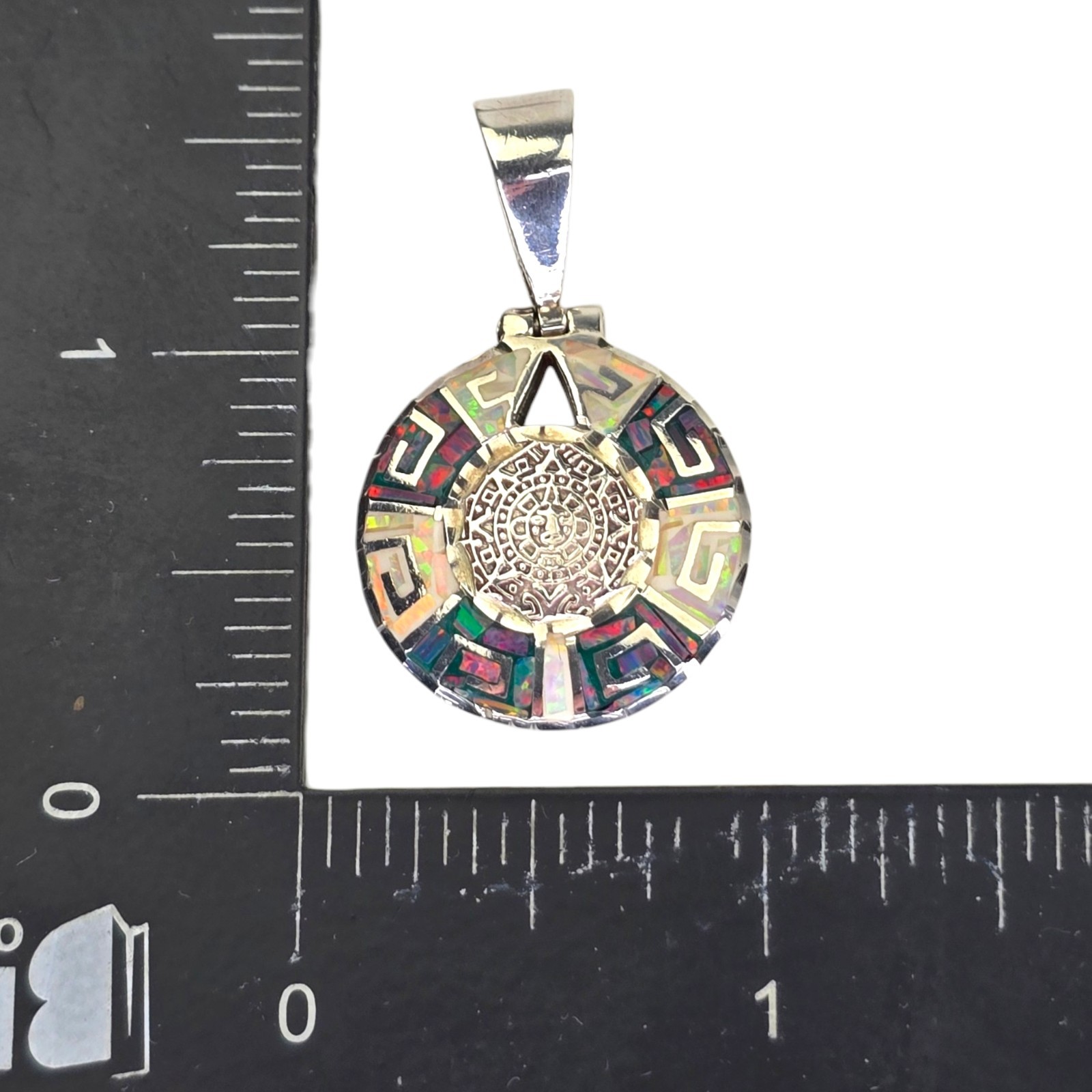 Vintage Sterling Silver Taxco Mexico Mayan Aztec Calendar MOP Opal Inlay Pendant