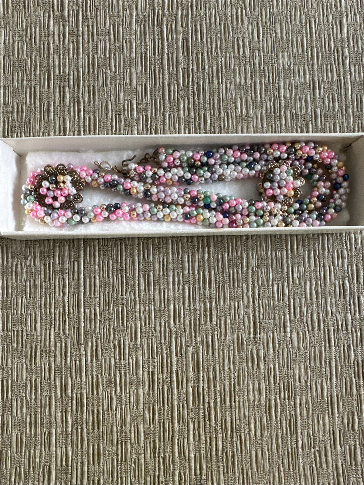 Vintage Style Beaded Necklace and Earings handmade beaded multi colored