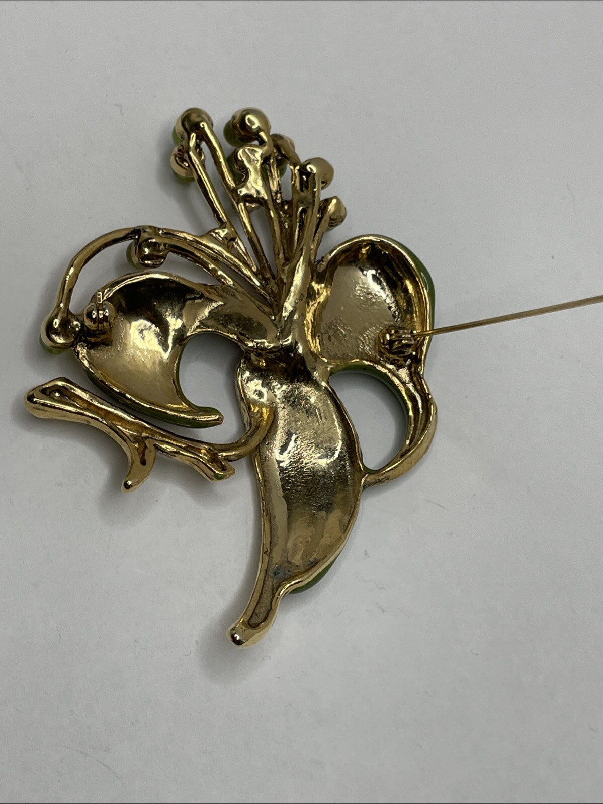 Vintage Green Enamel Floral Brooch Pin with Green Rhinestones and Cabochons RARE