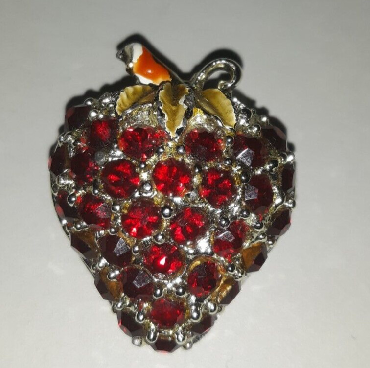 Vintage Red rhinestone strawberry pin VIVID GREEN LEAVES