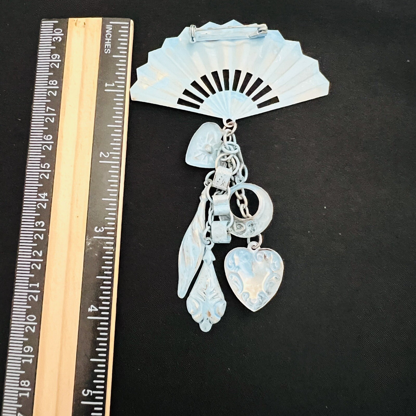 Vintage Enamel Steampunk Whimsical Fan Heart Dangle Chain Brooch Unique 4264