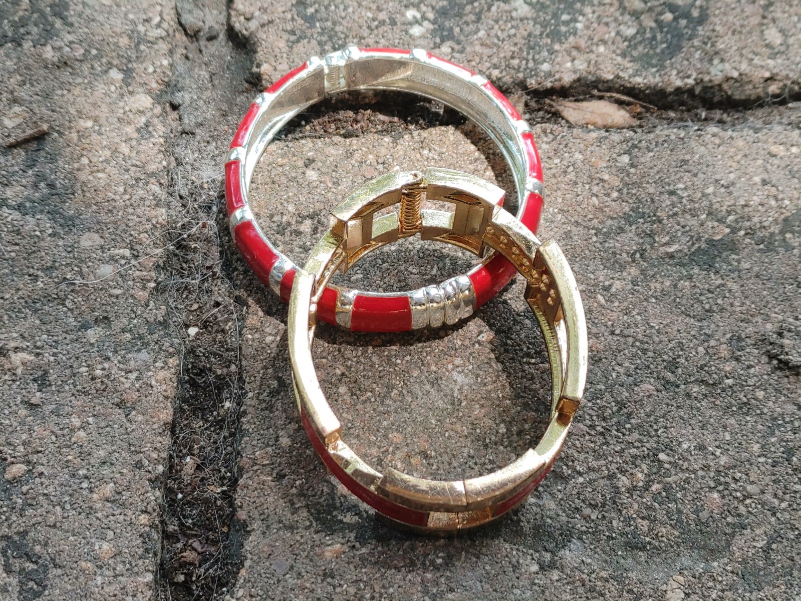 2 Vintage Hinged Bangle Bracelets with Red Enamel 1 Gold Tone 1 Silver Tone 80’s