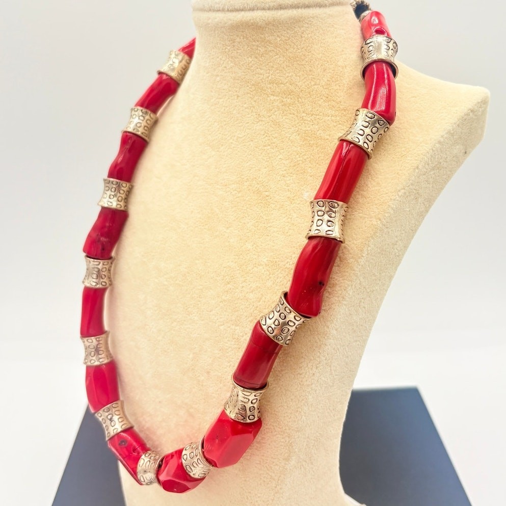 Genuine Coral Nugget Necklace with Silver‑Tone Artisan Spacers