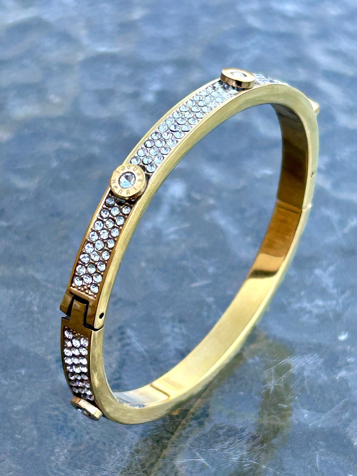 Vtg Signed Henri Bender Designer Rhinestone Gold Tone Hinged Bangle Bracelet