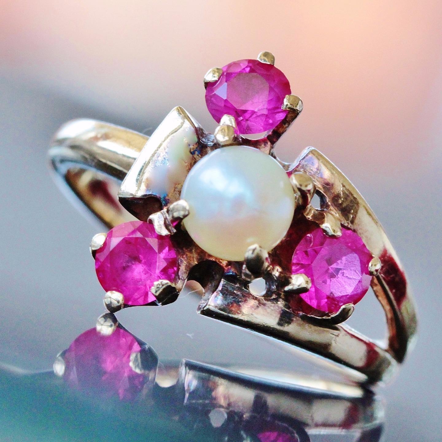 10k yellow gold ring 5.3mm cultured pearl & lab ruby size 7.75 handmade 3.5g