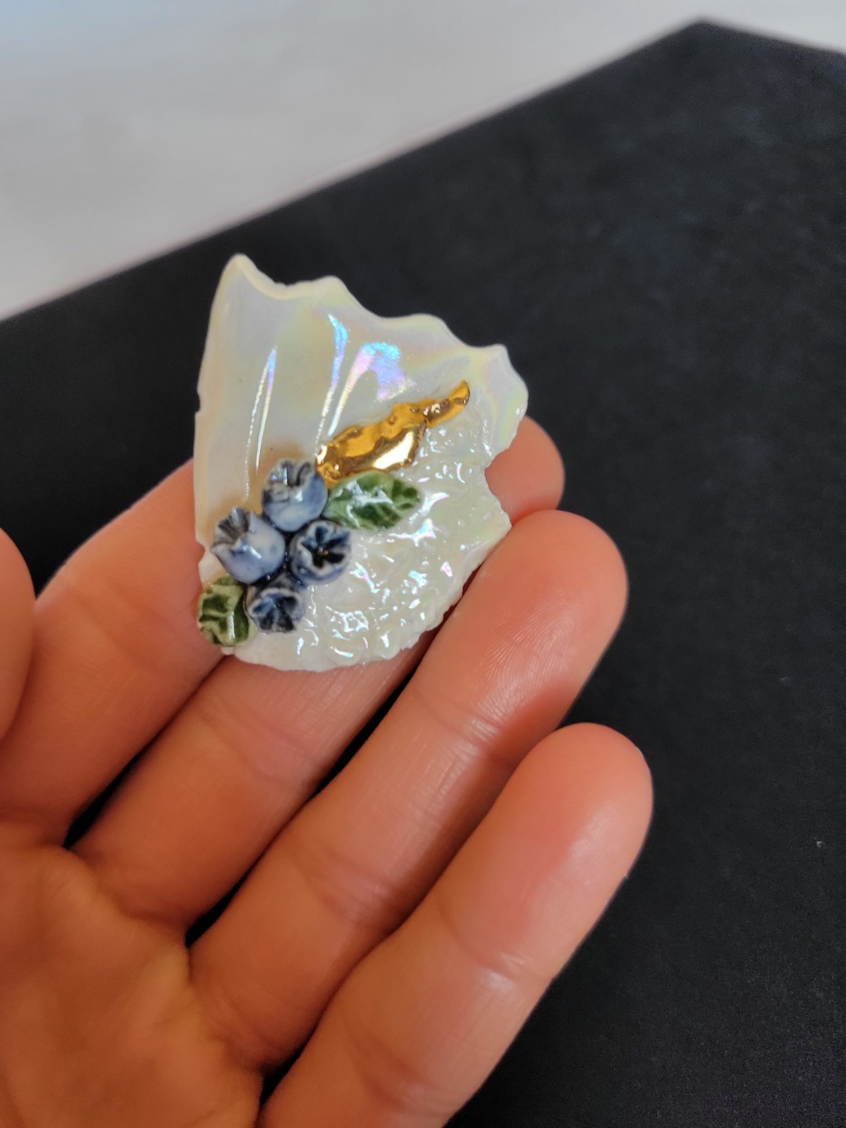 Artisan Handcrafted Seashell Brooch Pin Iridescent 3D Blueberries Gold Accent