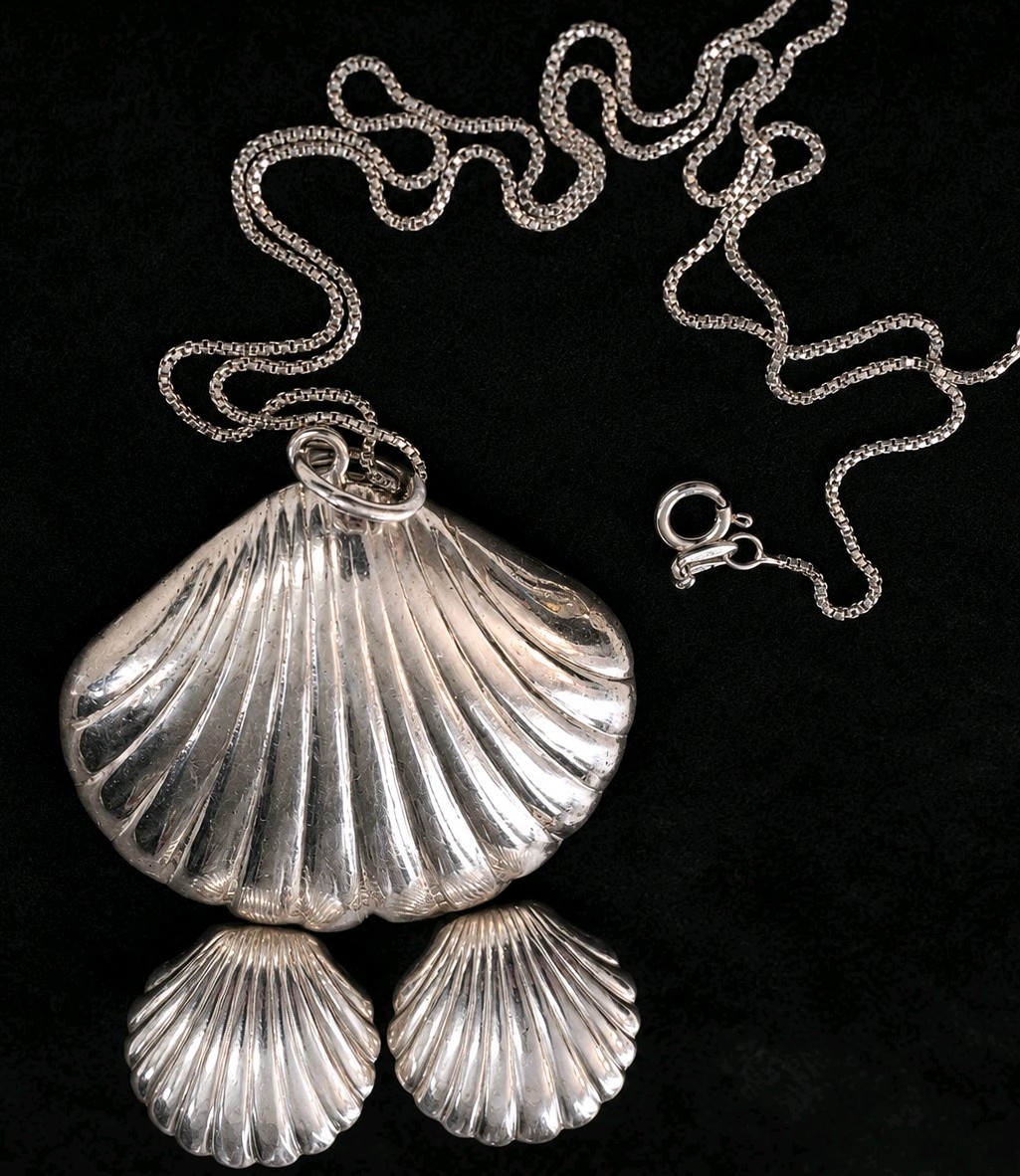 VTG Puffy Shell Necklace Sterling & Scallop Earrings Set Coastal 925 Beach Sea