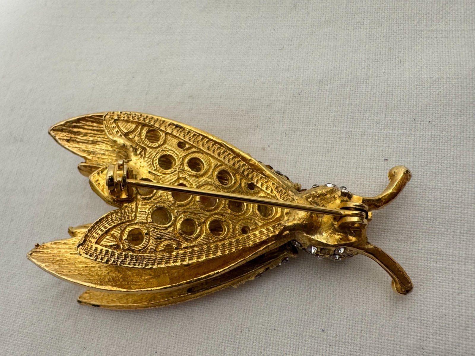 Vintage Rhinestone Trembler Winged Insect Bug Brooch Pin Gold Tone