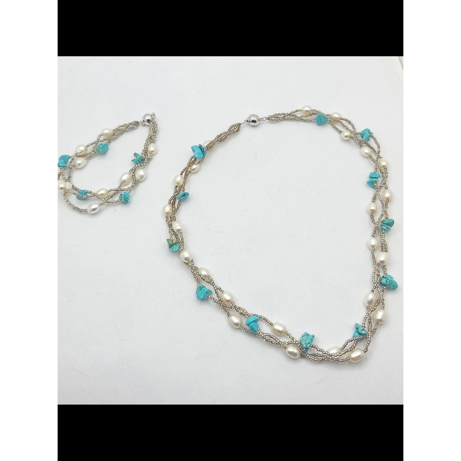 Convertible Freshwater Pearl & Turquoise Multi-Strand Necklace Bracelet Set