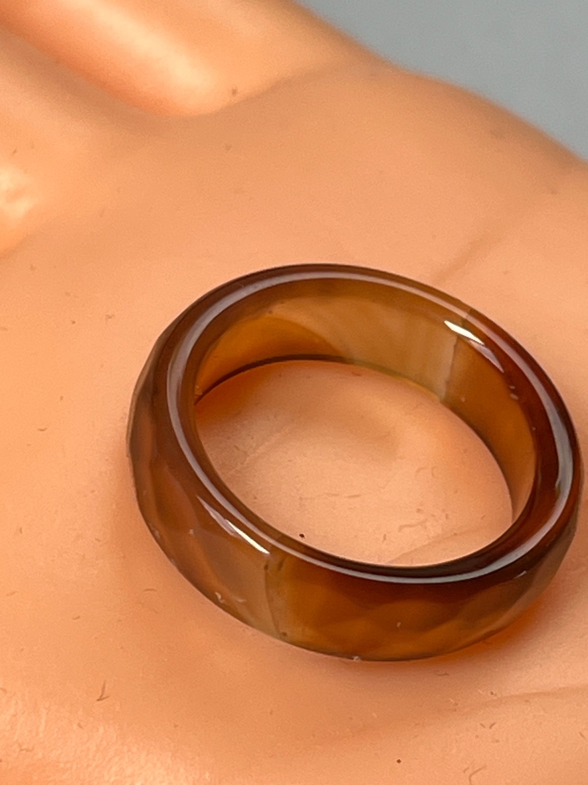 Cream & Amber Faux Carved Stone Faceted Plastic Stacking or Not Band Ring Sz 6.5